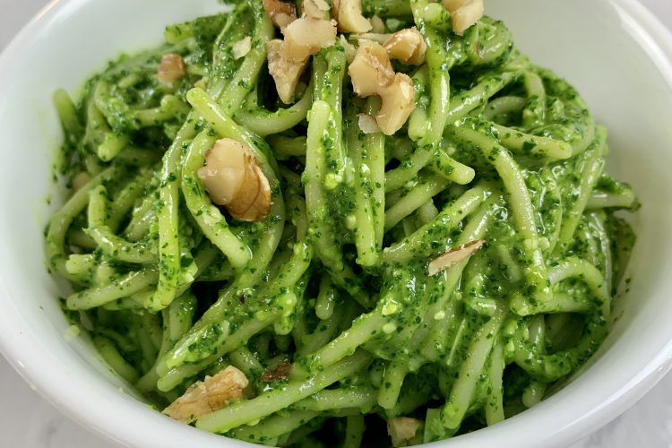 Kale pesto pasta in bowl